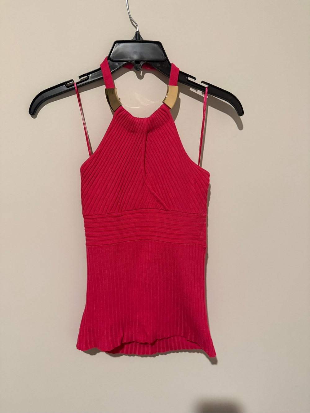 Cache Hot Pink Ribbed Halter Tank with Gold Neck Ring